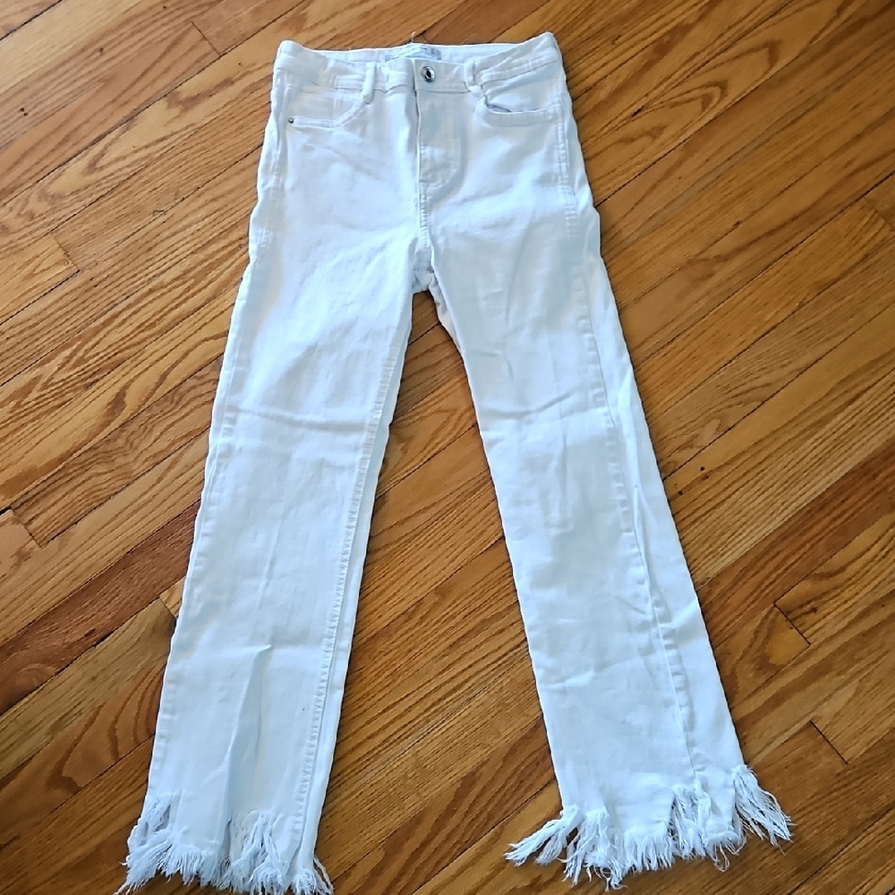 Zara White Fringed Wide-Leg Jeans